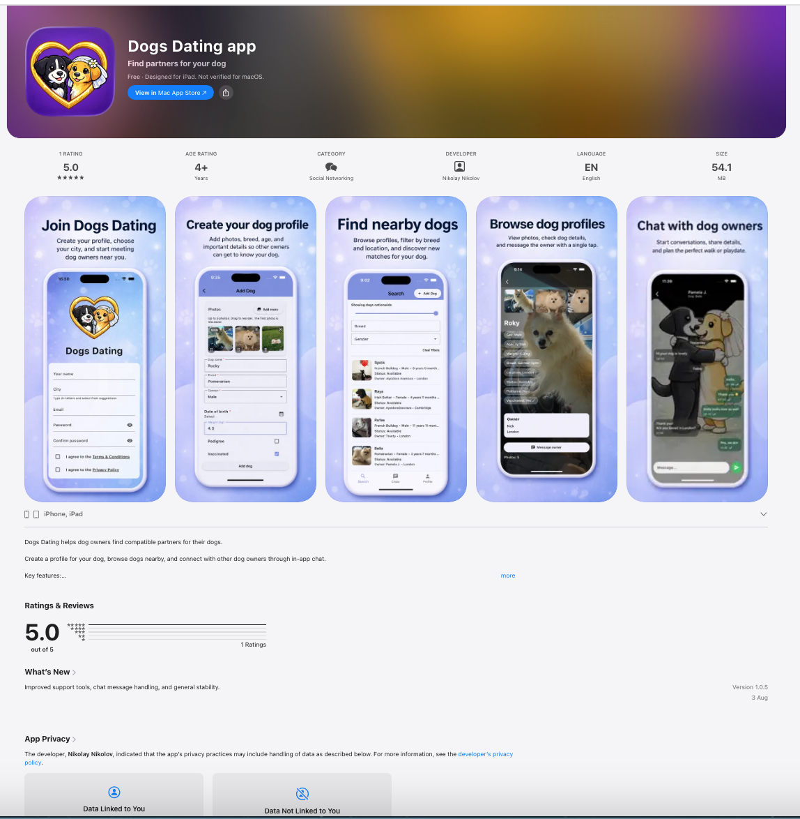 Dogs Dating App listing and screenshots in the Apple App Store